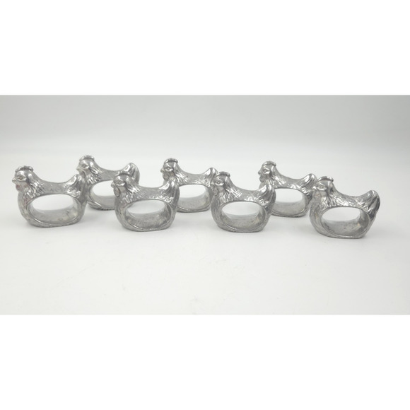Vintage Napkin Rings Farmhouse Chicken Hen Rooster Handcrafted Pewter Set 7 - Picture 1 of 4